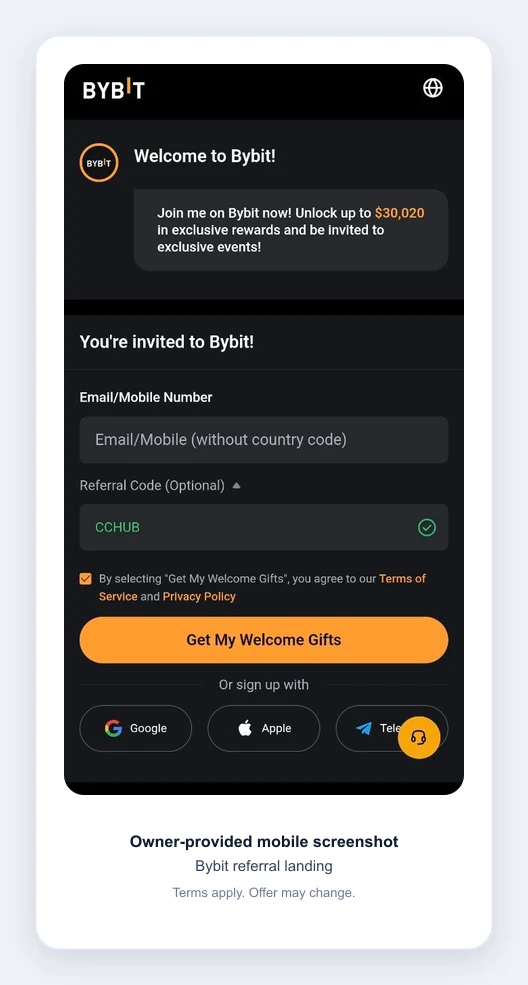 Bybit mobile referral landing screenshot showing CCHUB referral code and bonus wording